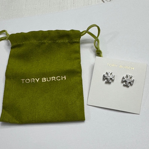 Tory Burch Silver Textured Rope Logo Studs with Green Pouch NWT - Picture 4 of 4